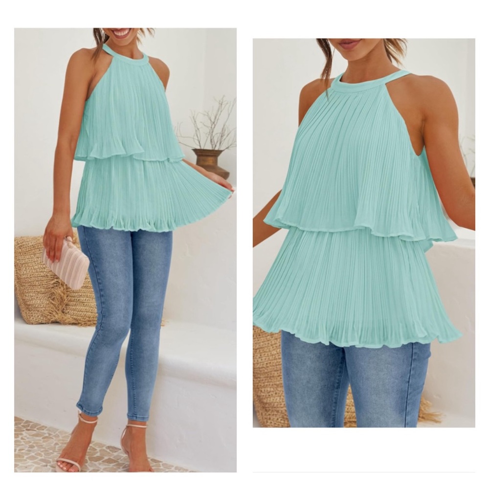 Halter Tank Tops Sleeveless Ruffle Tiered Layered Chiffon Flowy Blouse Shirts